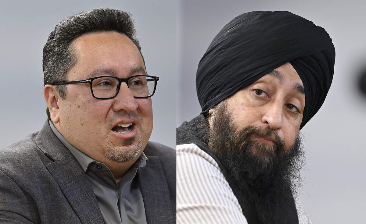 Fresno City Council District 1 candidates Rob Fuentes, left, and Naindeep Singh, right, during a Fresno City Council forum, Friday, April 17, 2026 in downtown Fresno.