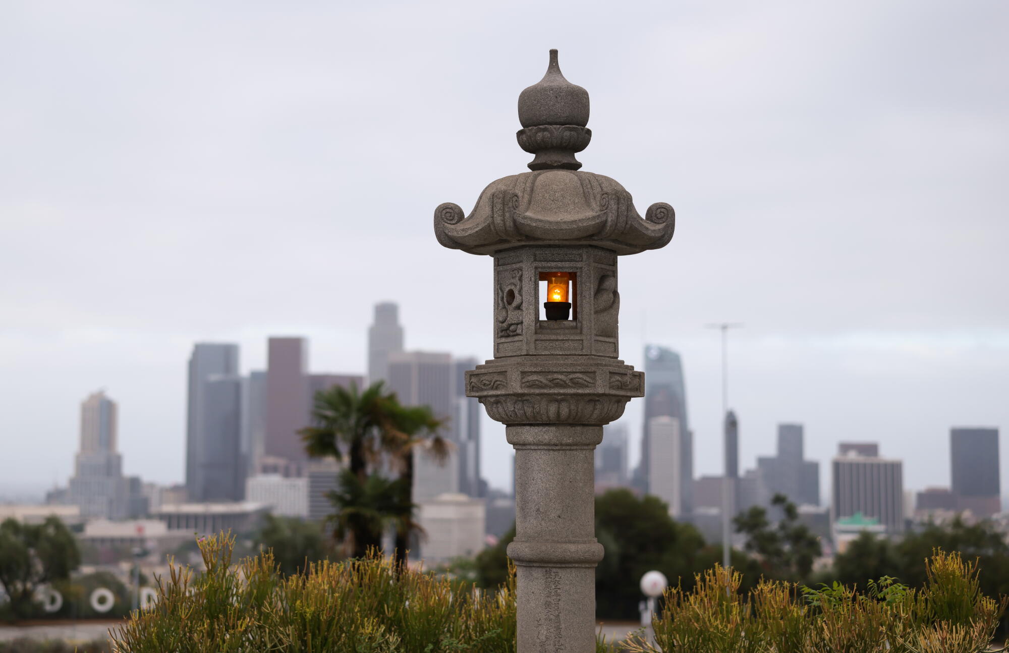 An 8-foot-tall stone Kasuga-style lantern is displayed at Dodger Stadium.