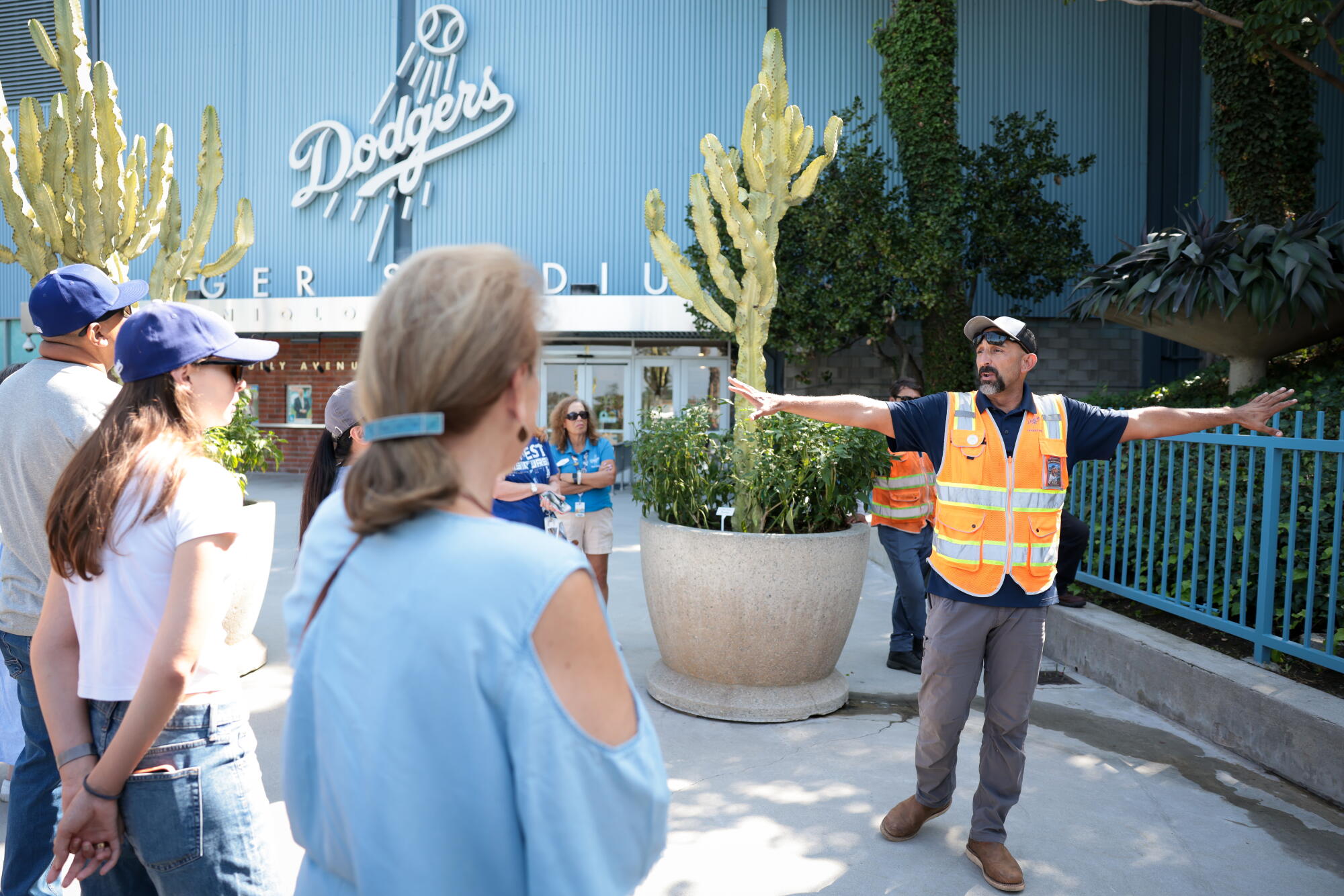 Landscape manager Chaz Perea gives a tour of Dodger Stadium's botanic gardens on Tuesday.