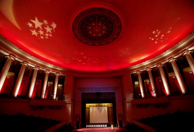 The auditorium of of the Scottish Rite Temple glows in patriotic colors in Oakland, Calif., on Thursday, July 3, 2014. Construction began on the building in 1926 and was completed in 1927, and it's currently undergoing a $1.2 million renovation. The Scottish Rite Masons are also Freemasons, a fraternal order, and its members continue to maintain the building today. (Jane Tyska/Bay Area News Group)