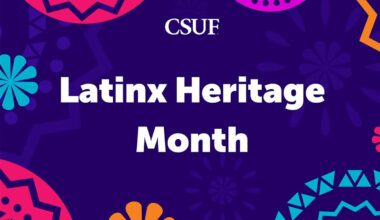 Purple flyer with flowers that reads, "CSUF Latinx Heritage Month"