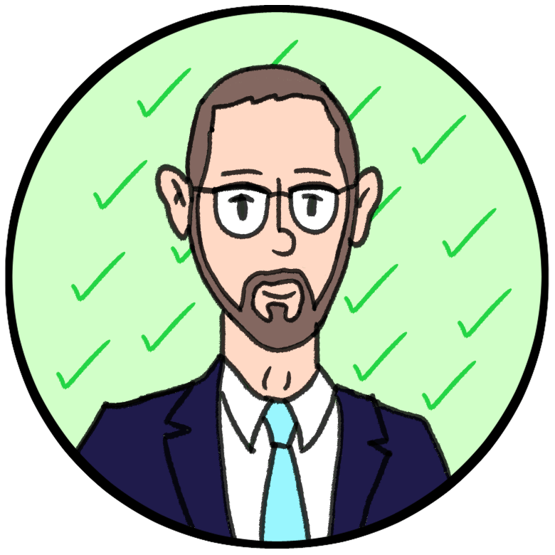 Cartoon drawing of a man with glasses, short hair and a beard, wearing a suit and tie, in front of a light green circular background.