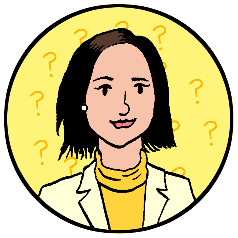 Illustration of a woman with short dark hair, wearing a white blazer over a yellow turtleneck, set against a purple background within a circular frame.