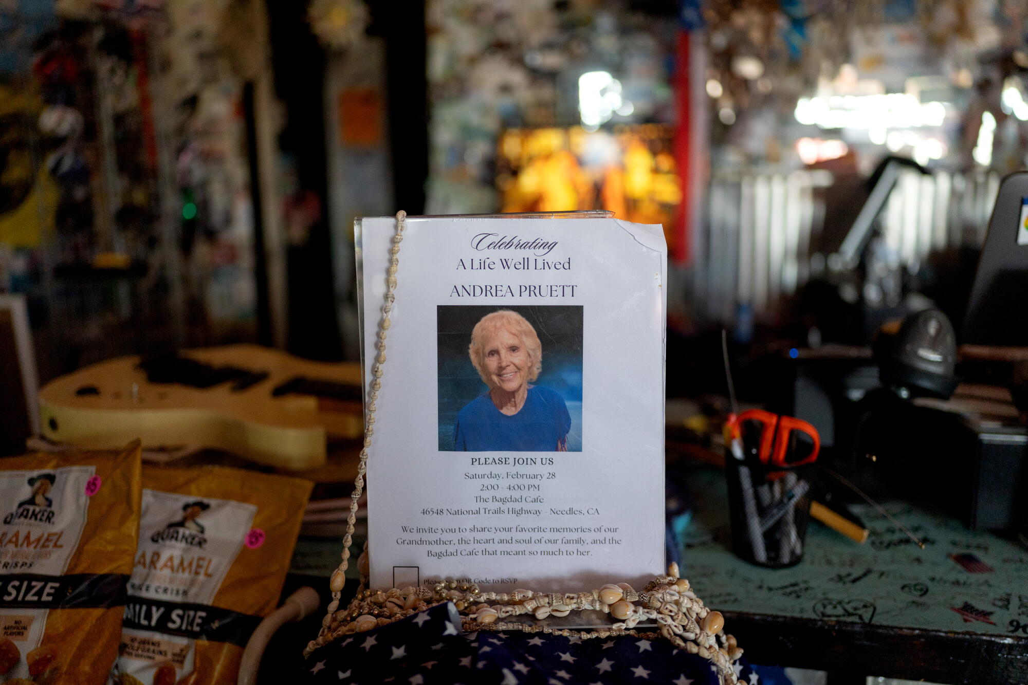 A memorial announcement for owner Andrea Pruett is seen at the Bagdad Cafe on Route 66 in the Mojave Desert.