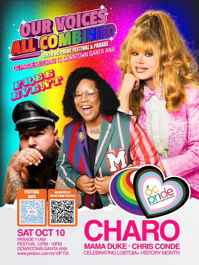 Colorful flyer for OC Pride event featuring three people: one light-skinned with a beard and leather hat, one brown-skinned with shoulder-length hair and a striped jacket, and one light-skinned with a partial ponytail and pink jacket.