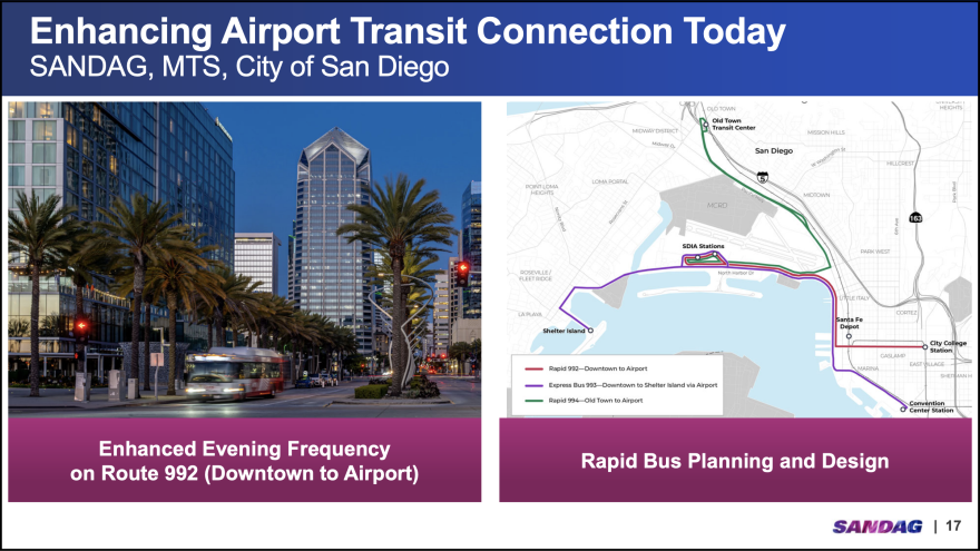 A SANDAG presentation slide shows planned improvements to rapid bus service to and from the San Diego International Airport in this undated graphic.
