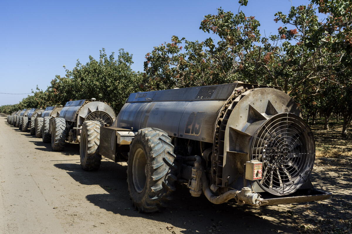 Autonomous tractors, which are used to apply pesticides, line a field