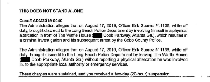 A portion of an administrative file from the Long Beach Police Department showing two allegations against Erik Suarez. The image shows the allegations were sustained and Suarez received a two-day suspension.