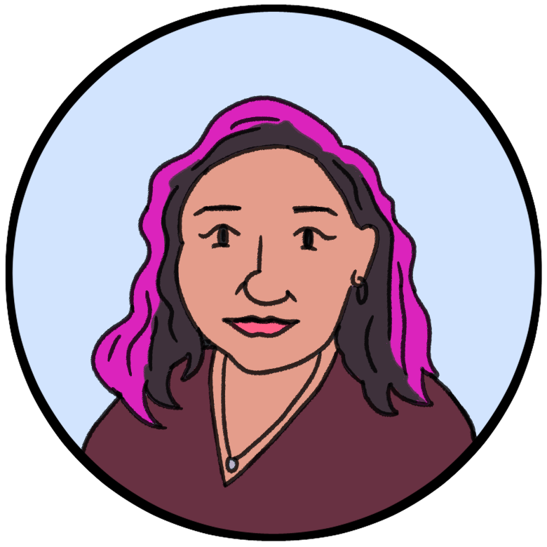 Illustration of a person with brown skin, dark hair partly colored purple, wearing a maroon top, pendant necklace, and earrings, with a green background featuring several green check marks.