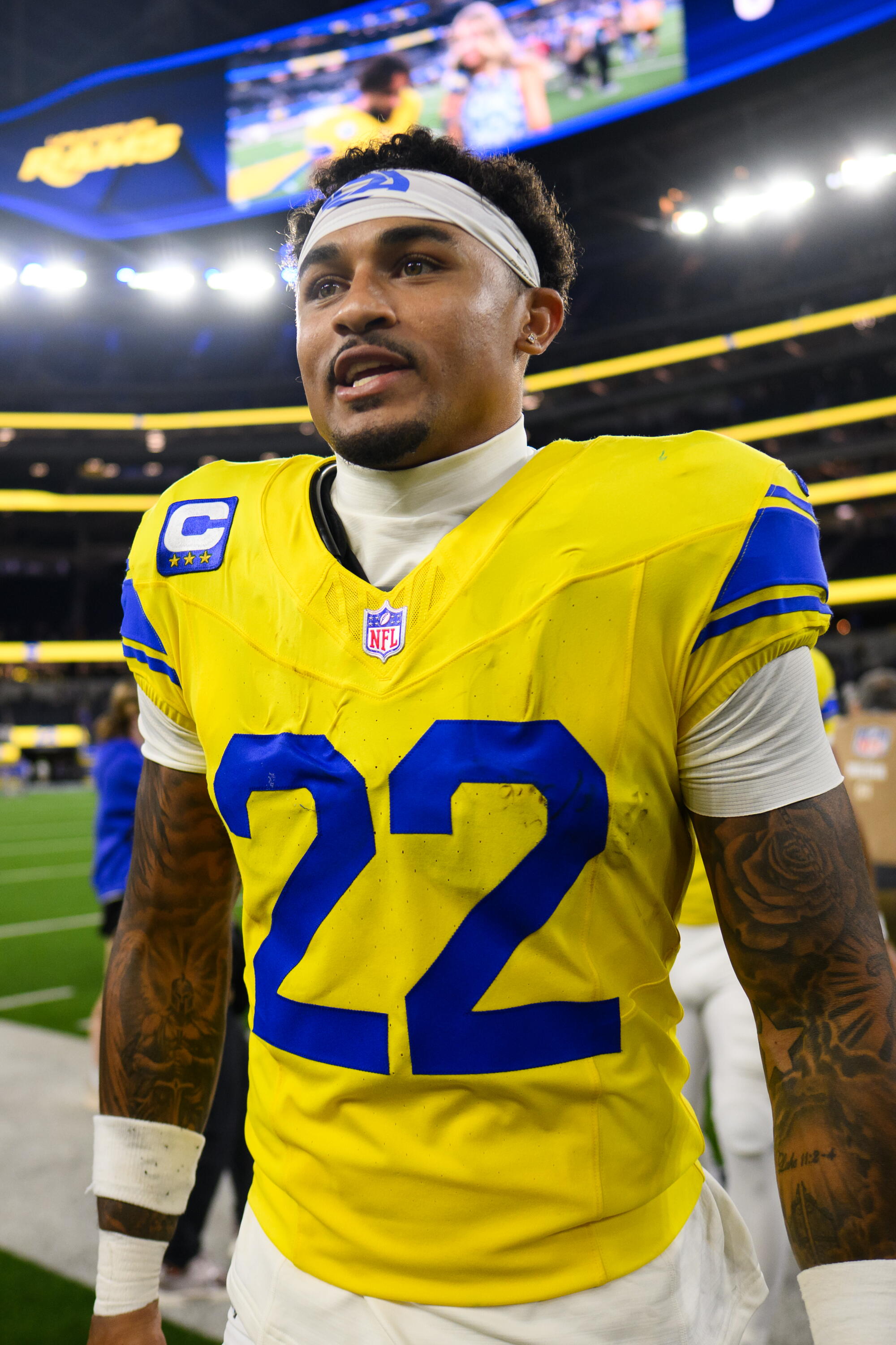 Rams cornerback Trent McDuffie walks off the field after a win over the New York Giants on Sept. 21.