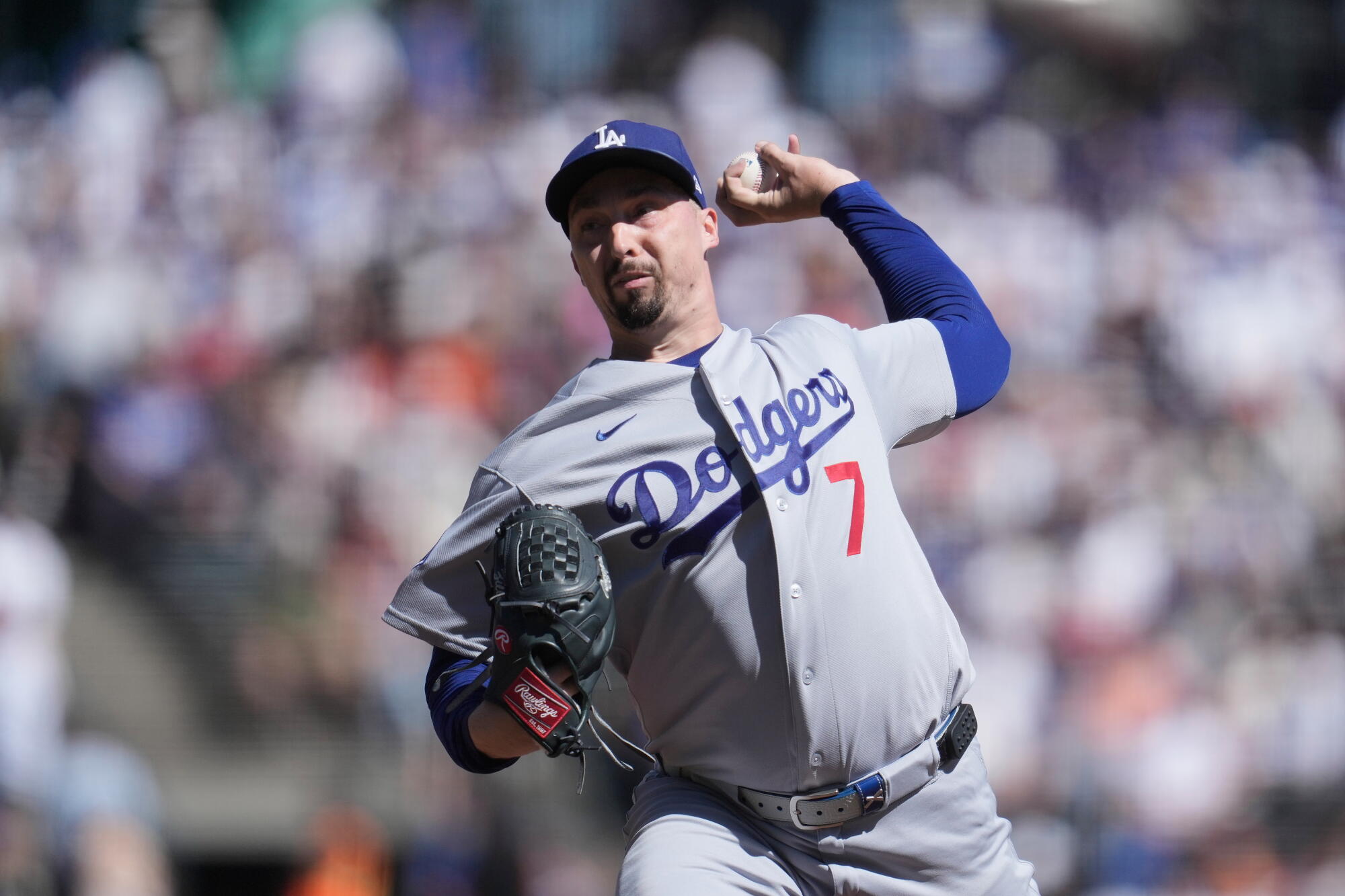 Dodgers pitcher Blake Snell throws against the San Francisco Giants in the first inning Saturday.