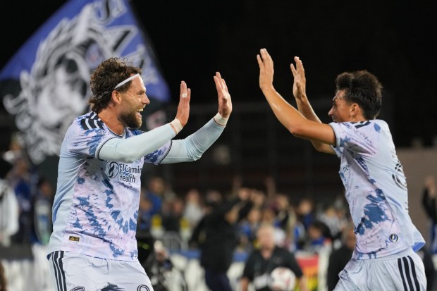 SAN JOSE, CALIFORNIA - SEPTEMBER 26: Eduard Lowen #23 of the San Jose Earthquakes celebrates scoring with teammate Beau Leroux #34 during the first half against the Portland Timbers at PayPal Park on September 26, 2026 in San Jose, California.