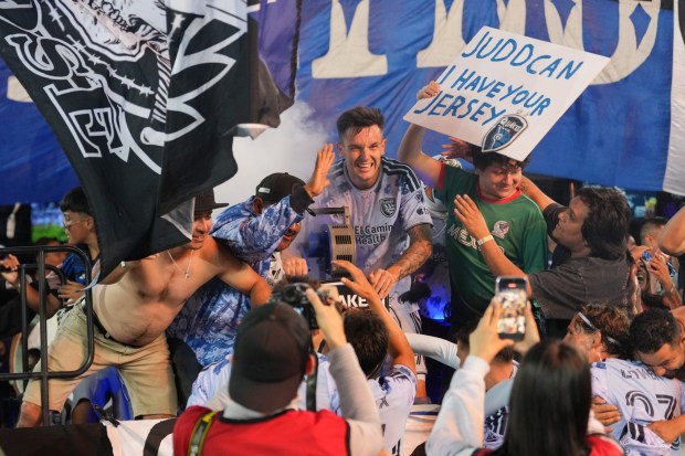 SAN JOSE, CALIFORNIA - SEPTEMBER 26: Preston Judd #19 of the San Jose Earthquakes fires the siren as he celebrates scoring with fans during the first half against the Portland Timbers at PayPal Park on September 26, 2026 in San Jose, California.
