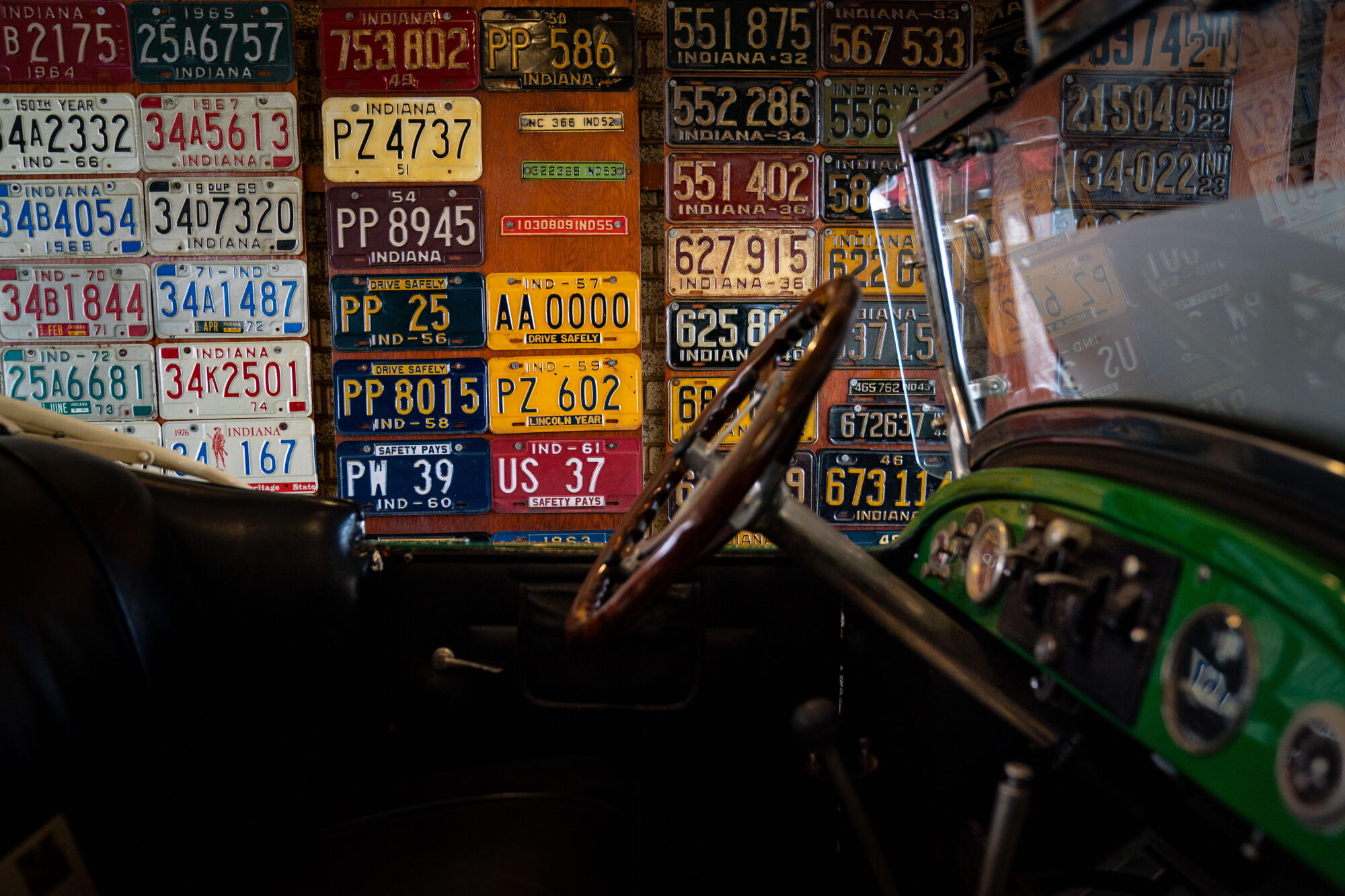 A wall of license plates at the Elwood Haynes Museum, photographed in 2022 in Kokomo, Ind. 