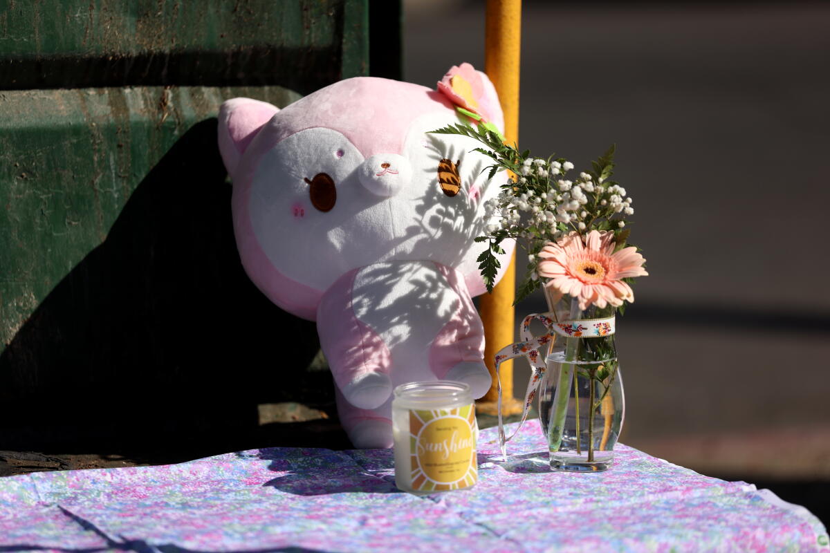 A small memorial by a dumpster in South Los Angeles, where a six-month-old baby girl that was found.