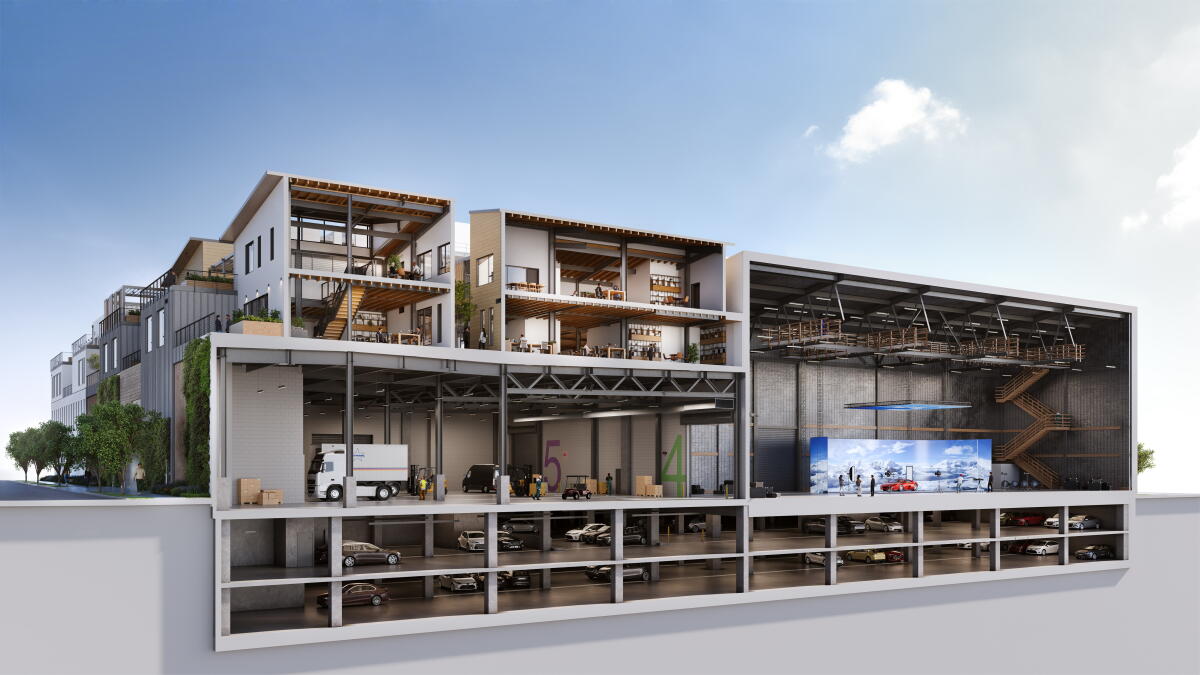 A rendering of a cross-section of a building with multiple floors and a mix of larger and smaller rooms and parking