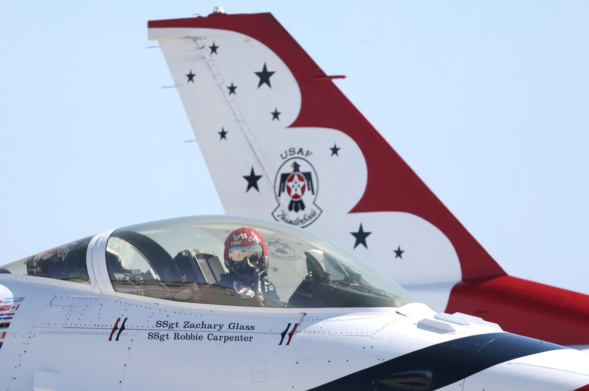  Maj. Brandon Maxson arrives in his F-16 Fighting Falcon on Tuesday.