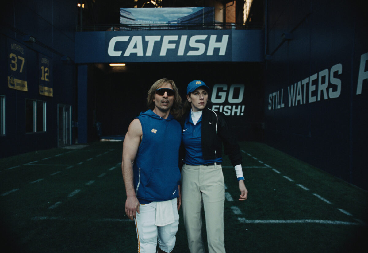 CHAD POWERS - “First Look” - Chad Powers is a superstar on the field, but his odd behavior off the field has everyone suspicious — especially Coach Hudson and Gerry. Ricky knows the truth, but if Russ and Danny want Chad to survive the regular season and lead the Catfish to the college football playoff, the only person who can help them is the last person who wants to: Ricky. (Disney)
GLEN POWELL, PERRY MATTFELD
