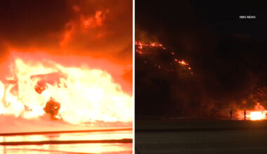 SUV fire on northbound 2 Freeway in Eagle Rock sparks small brush fire