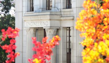 McLaughlin Hall east facade with fall foliage, at UC Berkeley in Berkeley, Calif. on Thursday, Oct. 31, 2013. (Photo by Keegan Houser)