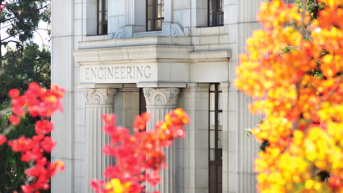 McLaughlin Hall east facade with fall foliage, at UC Berkeley in Berkeley, Calif. on Thursday, Oct. 31, 2013. (Photo by Keegan Houser)