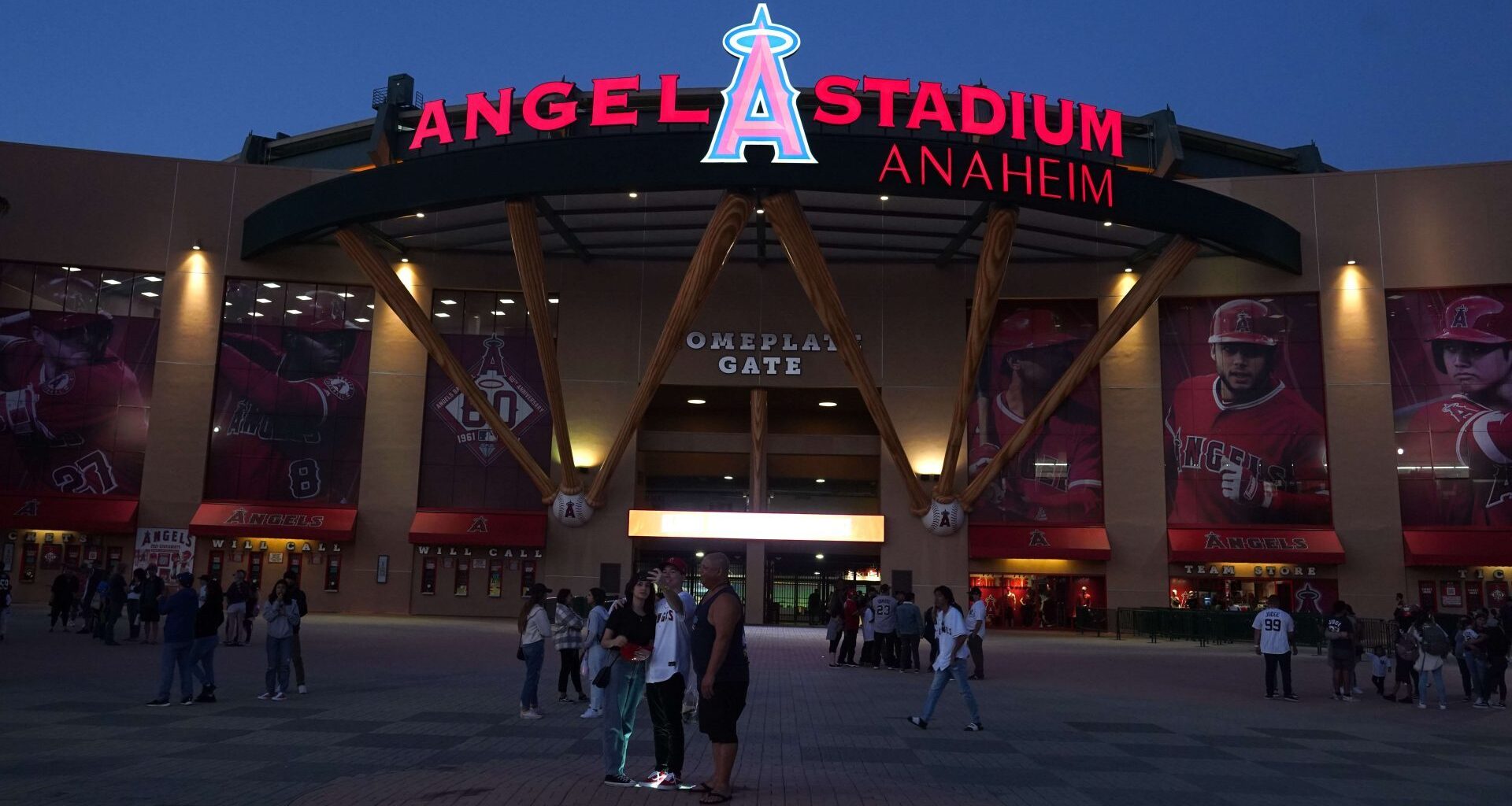 Sep 1, 2021; Anaheim, California, USA; A general overall view of the Angel Stadium exterior. Mandatory Credit: Kirby Lee-USA TODAY Sports