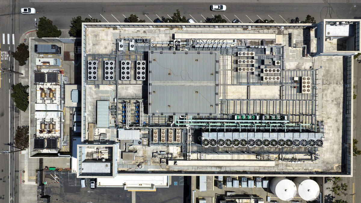 A drone view of the cooling system on the roof of the Digital Realty data center in Oakland, California, on July 18, 2026. Advocates urge Sacramento County and cities to impose a temporary moratorium on large data centers so SMUD and local agencies can craft best practices.