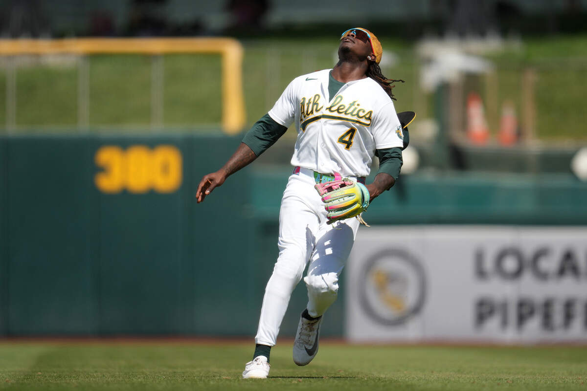 Athletics right fielder Lawrence Butler prepares to make a catch in the outfield against the Toronto Blue Jays in the ninth inning at Sutter Health Park on Wednesday.