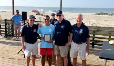L.B. Lifeguard Alumni Association&rsquo;s president, Mike DeLury, far left, joined Joseph Lattanzi, Vice President Dan Michaelis and Treasurer Joseph Hamlet in the presentation.
