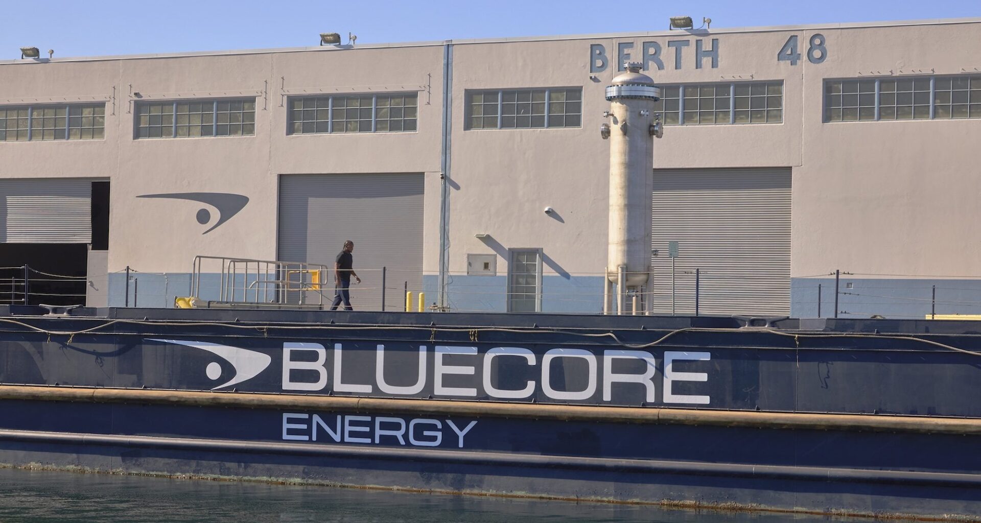 Bluecore Energy barge docked at Berth 48 in the Port of Long Beach, where the company is developing a floating nuclear power system.