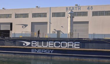 Bluecore Energy barge docked at Berth 48 in the Port of Long Beach, where the company is developing a floating nuclear power system.