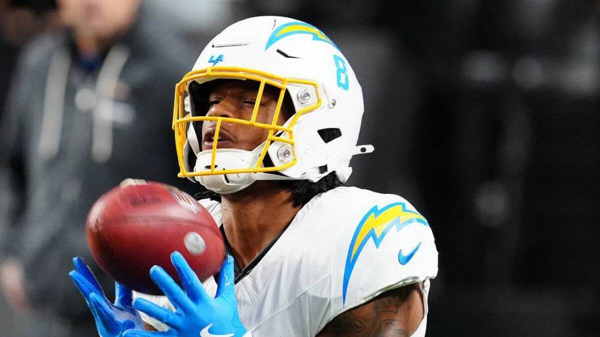  Sep 15, 2025; Paradise, Nevada, USA; Los Angeles Chargers running back Omarion Hampton (8) catches a pass during warm ups before the game against the Las Vegas Raiders at Allegiant Stadium. Mandatory Credit: Stephen R. Sylvanie -Imagn Images | IMAGN IMAGES via Reuters Connect 