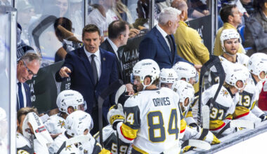 Golden Knights head coach Ryan Craig has instructions for players on timeout during the first p ...