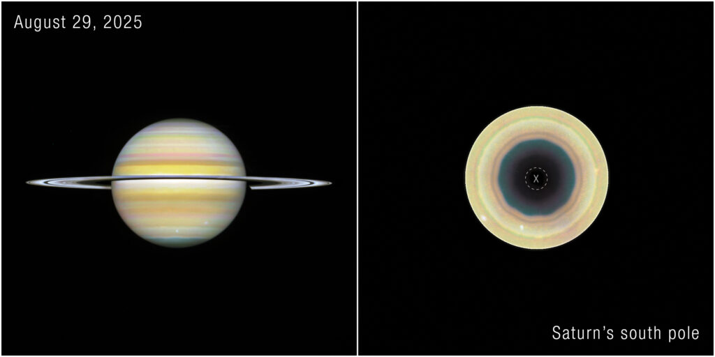 Two views of Saturn from NASA’s Hubble Space Telescope reveal a giant, evolving 10-sided atmospheric wave encircling the planet’s south pole. The feature, called a decagon, is the first large, persistent, regular-sided pattern observed at Saturn’s southern hemisphere. By comparing observations taken over several years, researchers found that the pattern has become increasingly distinct since 2023, suggesting they may be witnessing a new atmospheric phenomenon develop on the gas giant. The observations, captured by Hubble's Wide Field Camera 3, were made as part of Hubble’s Outer Planet Atmosphere’s Legacy (OPAL) program, which has monitored the Jupiter, Saturn, Uranus, and Neptune for more than a decade. The “X” and dashed circle in the image on the right represent where data was not captured by Hubble. Image: NASA, ESA, STScI, Agustin Sánchez-Lavega (UPV), Amy Simon (NASA-GSFC), Michael Wong (UC Berkeley); Image Processing: Alyssa Pagan