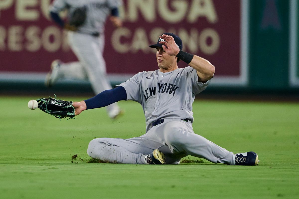 The New York Yankees Spencer Jones #78 drops a catch during an MLB game against The Los Angeles Angels on August 31st, 2026 at Angel Stadium in Anaheim, California. The New York Yankees Spencer Jones #78 drops a catch during an MLB game against The Los Angeles Angels on August 31st, 2026 at Angel Stadium in Anaheim, California.