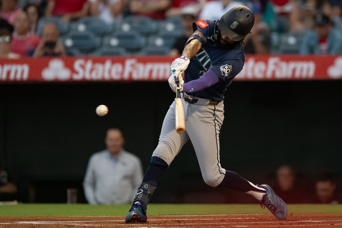 Seattle Mariners short stop J.P. Crawford (3) swings and makes contact during an MLB match between Seattle Mariners and Los Angeles Angels on Monday, September 14, 2026 at Angel Stadium in Anaheim, California.
