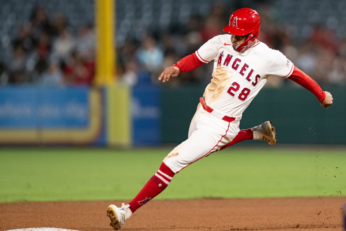Los Angeles Angels center outfielder Jose Siri (28) touches second base during an MLB match between Seattle Mariners and Los Angeles Angels on Monday, September 14, 2026 at Angel Stadium in Anaheim, California.