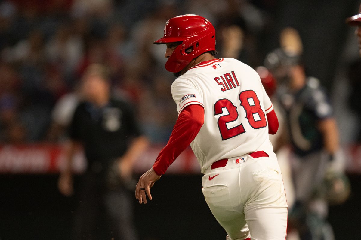 Los Angeles Angels center outfielder Jose Siri (28) runs to home plate during an MLB match between Seattle Mariners and Los Angeles Angels on Monday, September 14, 2026 at Angel Stadium in Anaheim, California.