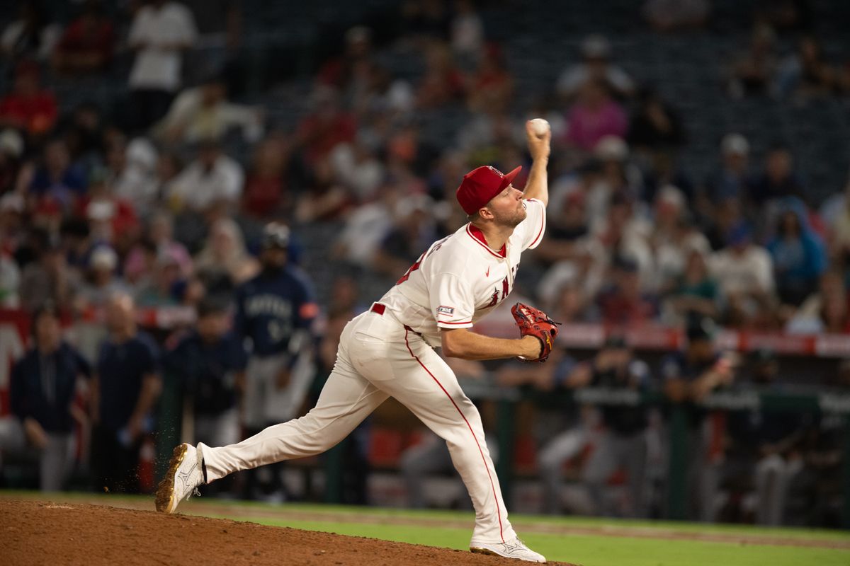 Los Angeles Angels starting pitcher Reid Detmers (48) throws a pitch during an MLB match between Seattle Mariners and Los Angeles Angels on Monday, September 14, 2026 at Angel Stadium in Anaheim, California.