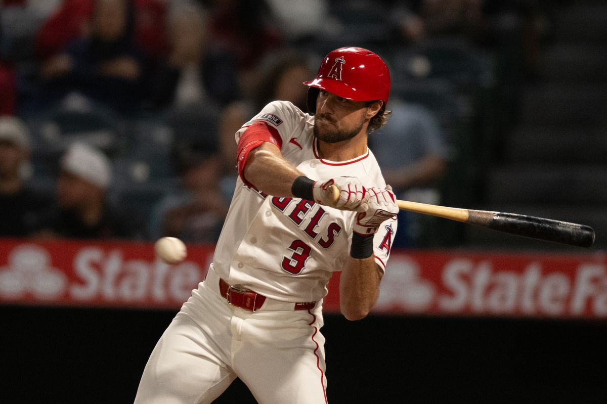 Los Angeles Angels left outfielder Josh Lowe (3) swings and makes contact during an MLB match between Seattle Mariners and Los Angeles Angels on Monday, September 14, 2026 at Angel Stadium in Anaheim, California.