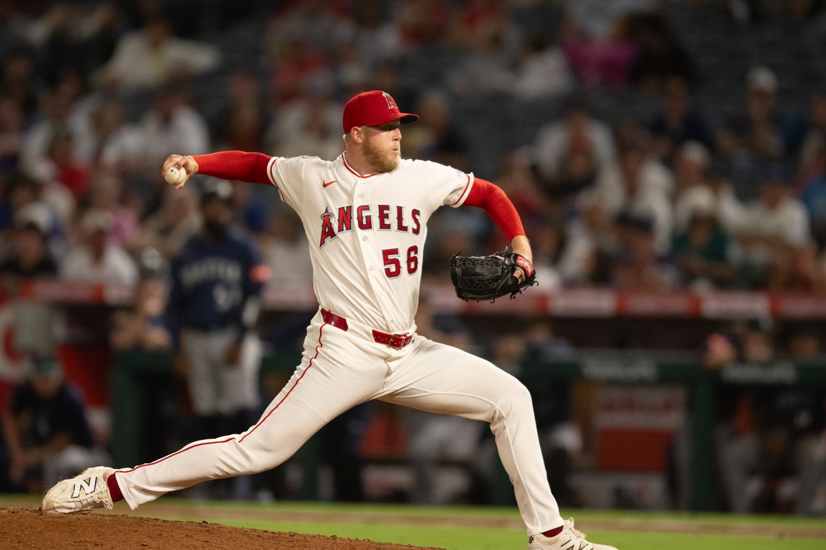 Los Angeles Angels right-handed pitcher Ryan Zeferjahn (56) throws a pitch during an MLB match between Seattle Mariners and Los Angeles Angels on Monday, September 14, 2026 at Angel Stadium in Anaheim, California.