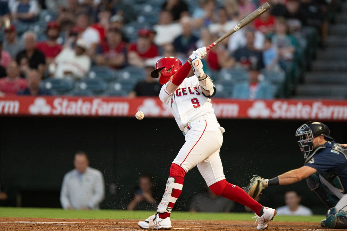 Los Angeles Angels short stop Zach Neto (9) swings and hits a fould ball during an MLB match between Seattle Mariners and Los Angeles Angels on Monday, September 14, 2026 at Angel Stadium in Anaheim, California.