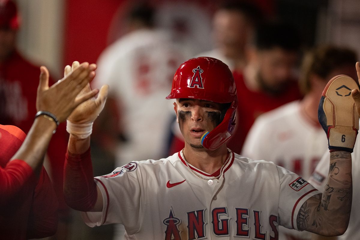 Los Angeles Angels short stop Zach Neto (9) gets high fives at the dugout during an MLB match between Seattle Mariners and Los Angeles Angels on Monday, September 14, 2026 at Angel Stadium in Anaheim, California.