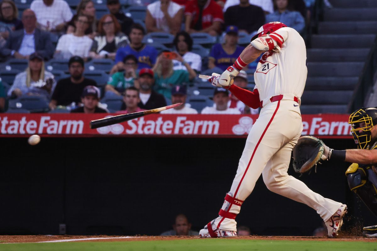 Los Angeles Angels outfielder Mike Trout wearing #21 in honor of Roberto Clemente breaks his bat during the MLB game against the Seattle Mariners Tuesday September 15th, 2026 at Angel Stadium in Anaheim, Calif.