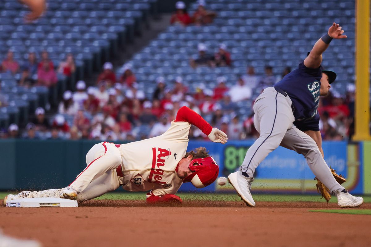 Los Angeles Angels outfielder Wade Meckler (53) slides to second base during the MLB game against the Seattle Mariners Tuesday September 15th, 2026 at Angel Stadium in Anaheim, Calif.