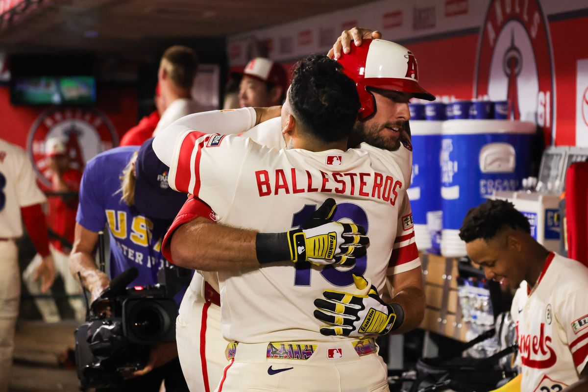 Los Angeles Angels outfielder Josh Lowe (3) hugs Moisés Ballesteros (13) in the dugout after hitting a home run during the MLB game against the Seattle Mariners Tuesday September 15th, 2026 at Angel Stadium in Anaheim, Calif.