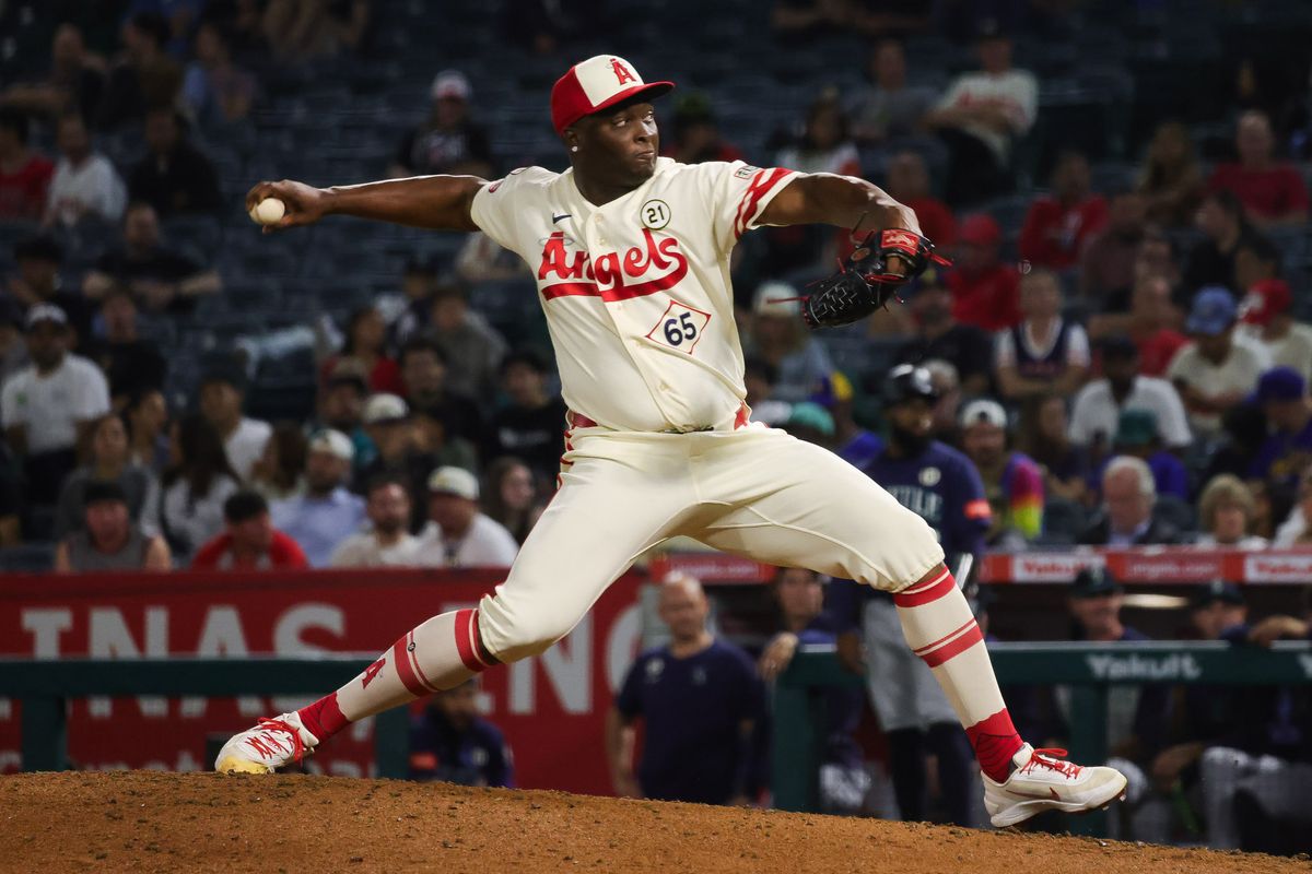 Los Angeles Angels right-handed pitcher José Fermin (65) pitches during the MLB game against the Seattle Mariners Tuesday September 15th, 2026 at Angel Stadium in Anaheim, Calif.