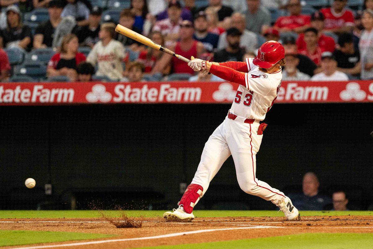 Los Angeles Angels outfielder Wade Meckler (53) takes an attempt at bat during an MLB game against the Minnesota Twins on Thursday September 17th, 2026 at Angel's Stadium in Anaheim, Calif. Los Angeles Angels outfielder Wade Meckler (53) takes an attempt at bat during an MLB game against the Minnesota Twins on Thursday September 17th, 2026 at Angel's Stadium in Anaheim, Calif.