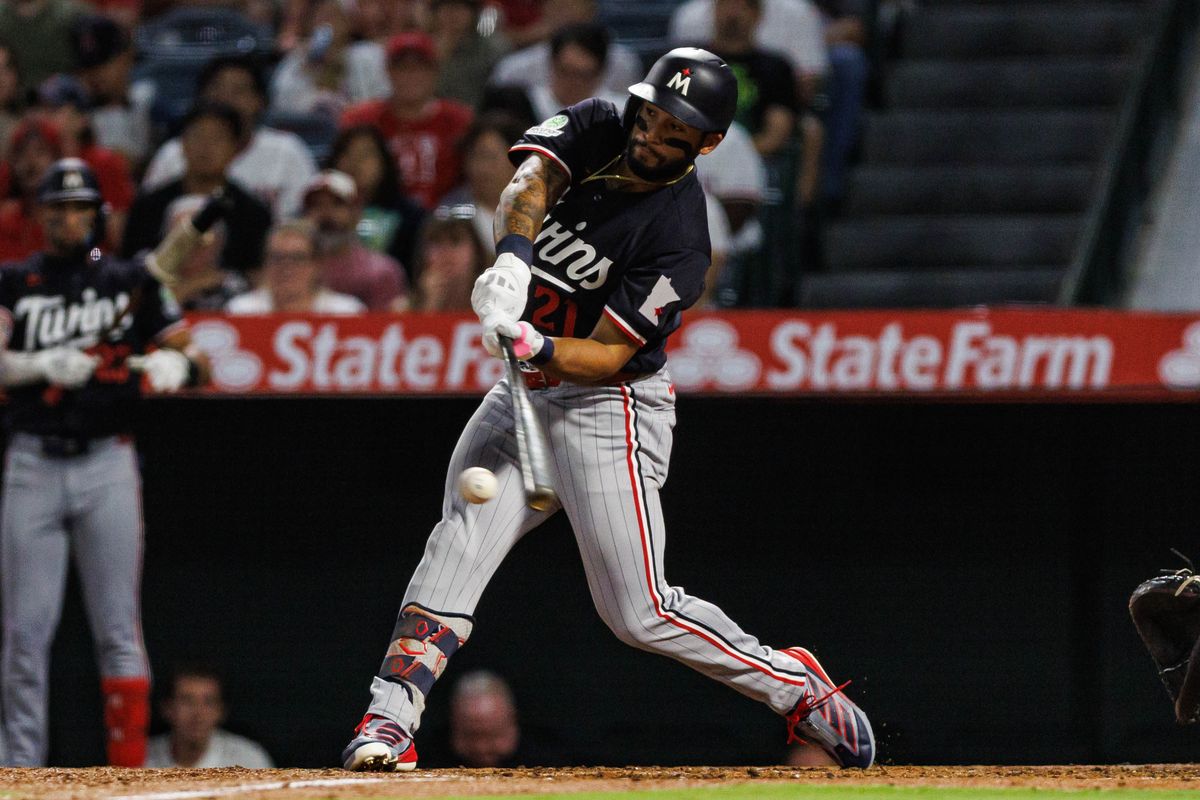 Emmanuel Rodríguez #21 of the Minnesota Twins makes contact with the ball during an MLB game against the Los Angeles Angels on September 18, 2026 at Angel Stadium in Anaheim, California. Emmanuel Rodríguez #21 of the Minnesota Twins makes contact with the ball during an MLB game against the Los Angeles Angels on September 18, 2026 at Angel Stadium in Anaheim, California.