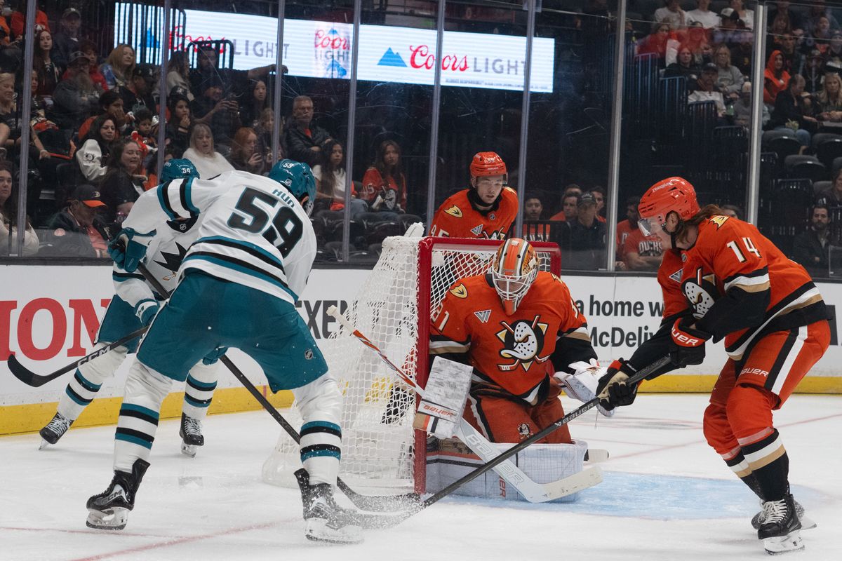 Anaheim Ducks goalie Laurent Brossoit (31) blocks a shot during an NHL match between San Jose Sharks and Anaheim Ducks on Sunday, September 20, 2026 at Honda Center in Anaheim, California. Anaheim Ducks goalie Laurent Brossoit (31) blocks a shot during an NHL match between San Jose Sharks and Anaheim Ducks on Sunday, September 20, 2026 at Honda Center in Anaheim, California.